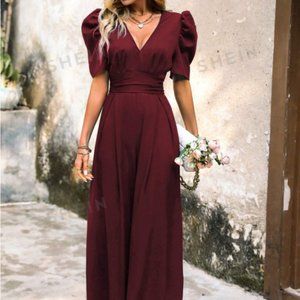 SHEIN LUNE Puff Sleeve Wide Leg Burgundy Jumpsuit - XL (US 12)